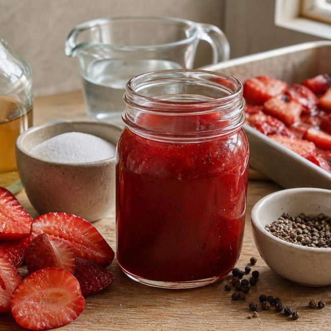 Jar of roasted strawberry and black pepper shrub with fresh strawberries and cracked black pepper on wooden surface.