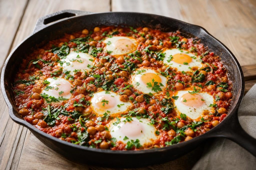 Savory breakfast shakshuka with eggs, chickpeas, spinach, and fresh parsley in a skillet