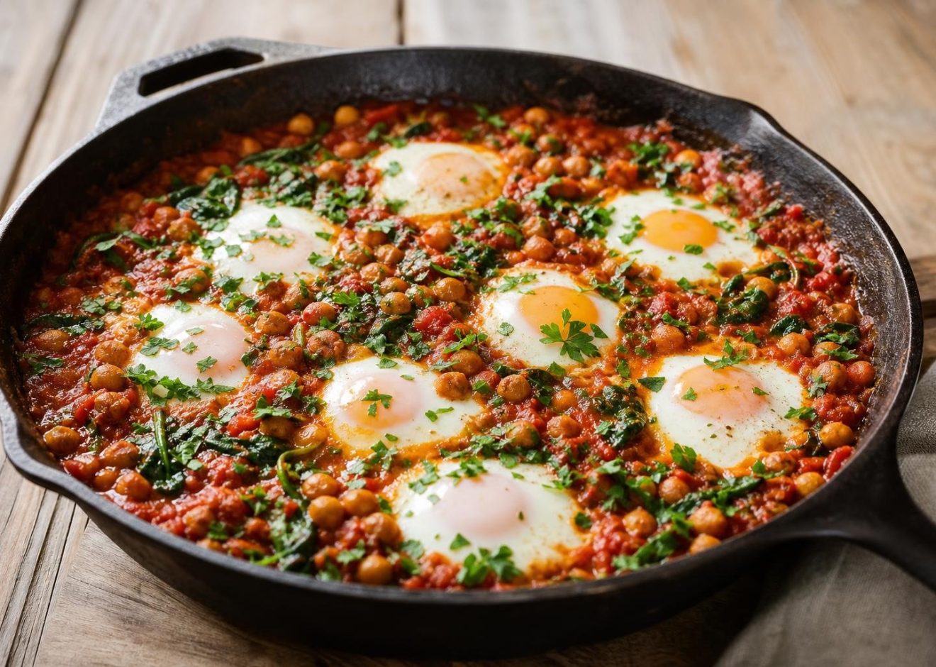 Savory breakfast shakshuka with eggs, chickpeas, spinach, and fresh parsley in a skillet