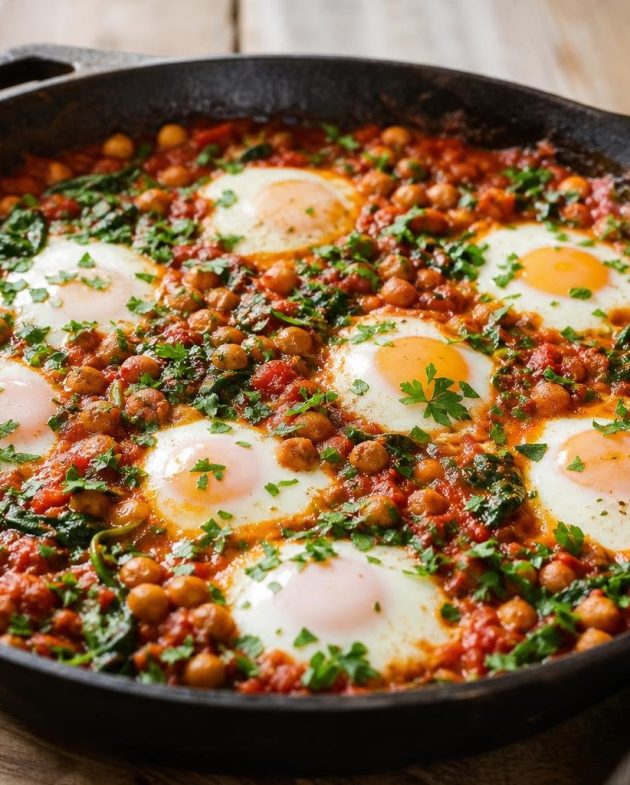 Savory breakfast shakshuka with eggs, chickpeas, spinach, and fresh parsley in a skillet