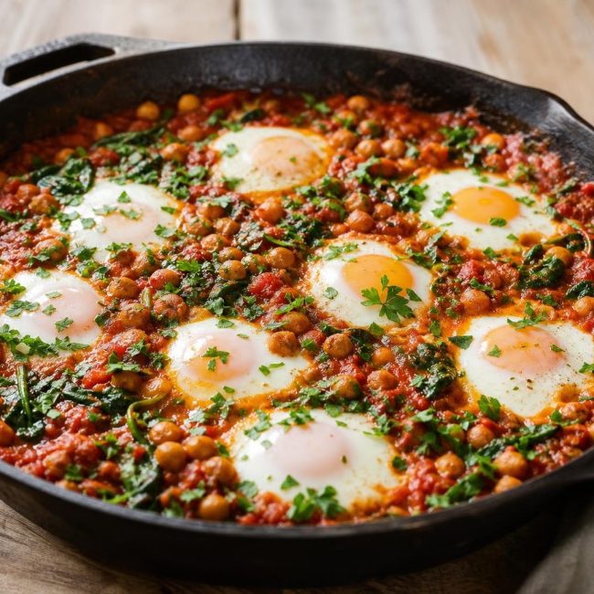 Savory breakfast shakshuka with eggs, chickpeas, spinach, and fresh parsley in a skillet