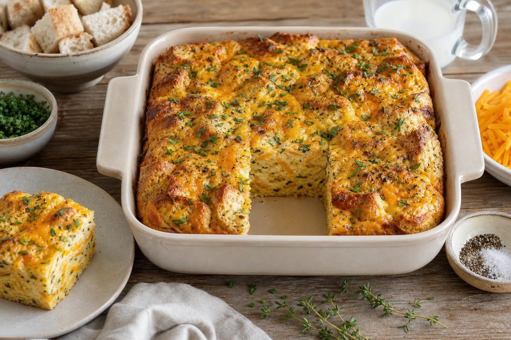 Square piece of savory herb and cheese breakfast strata with golden melted cheese and visible fresh herbs on top and inside the custard-soaked bread layers.
