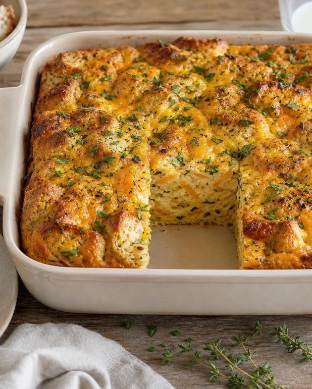 Square piece of savory herb and cheese breakfast strata with golden melted cheese and visible fresh herbs on top and inside the custard-soaked bread layers.