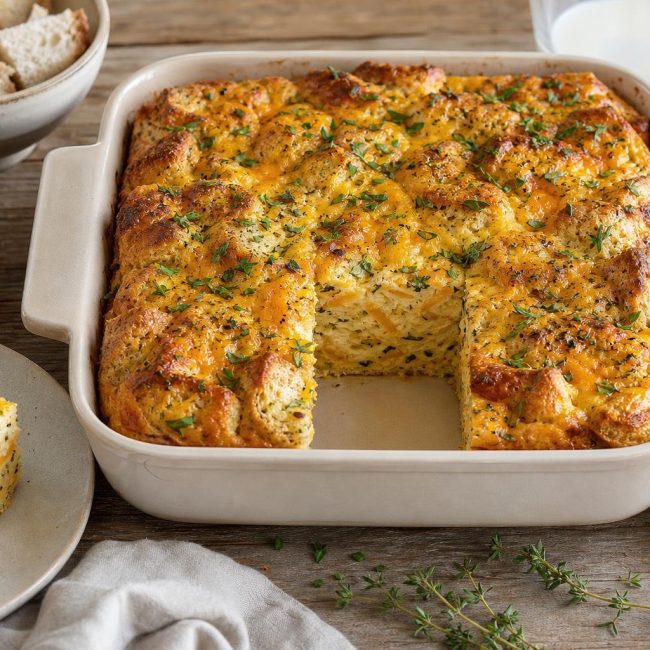 Square piece of savory herb and cheese breakfast strata with golden melted cheese and visible fresh herbs on top and inside the custard-soaked bread layers.