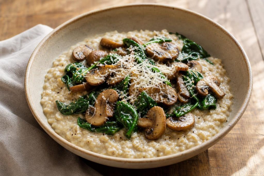 Bowl of savory oatmeal with sautéed mushrooms, spinach, and parmesan cheese on top