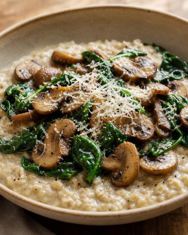 Bowl of savory oatmeal with sautéed mushrooms, spinach, and parmesan cheese on top