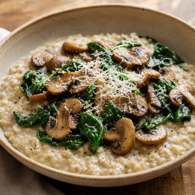 Bowl of savory oatmeal with sautéed mushrooms, spinach, and parmesan cheese on top