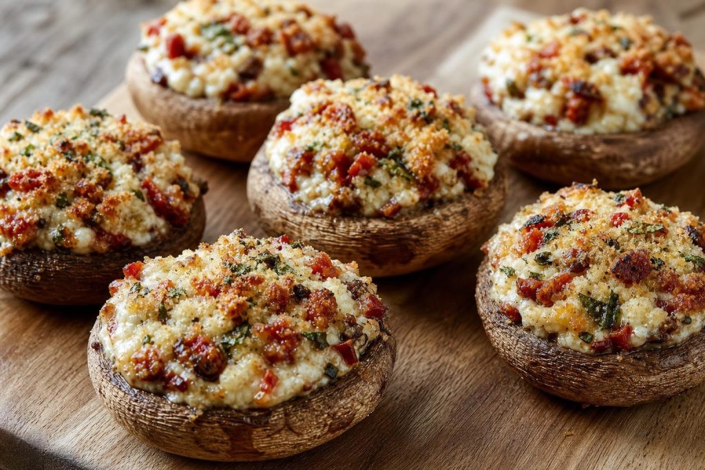 Baked stuffed mushroom caps filled with goat cheese and sun-dried tomatoes with a golden top on a wooden board.