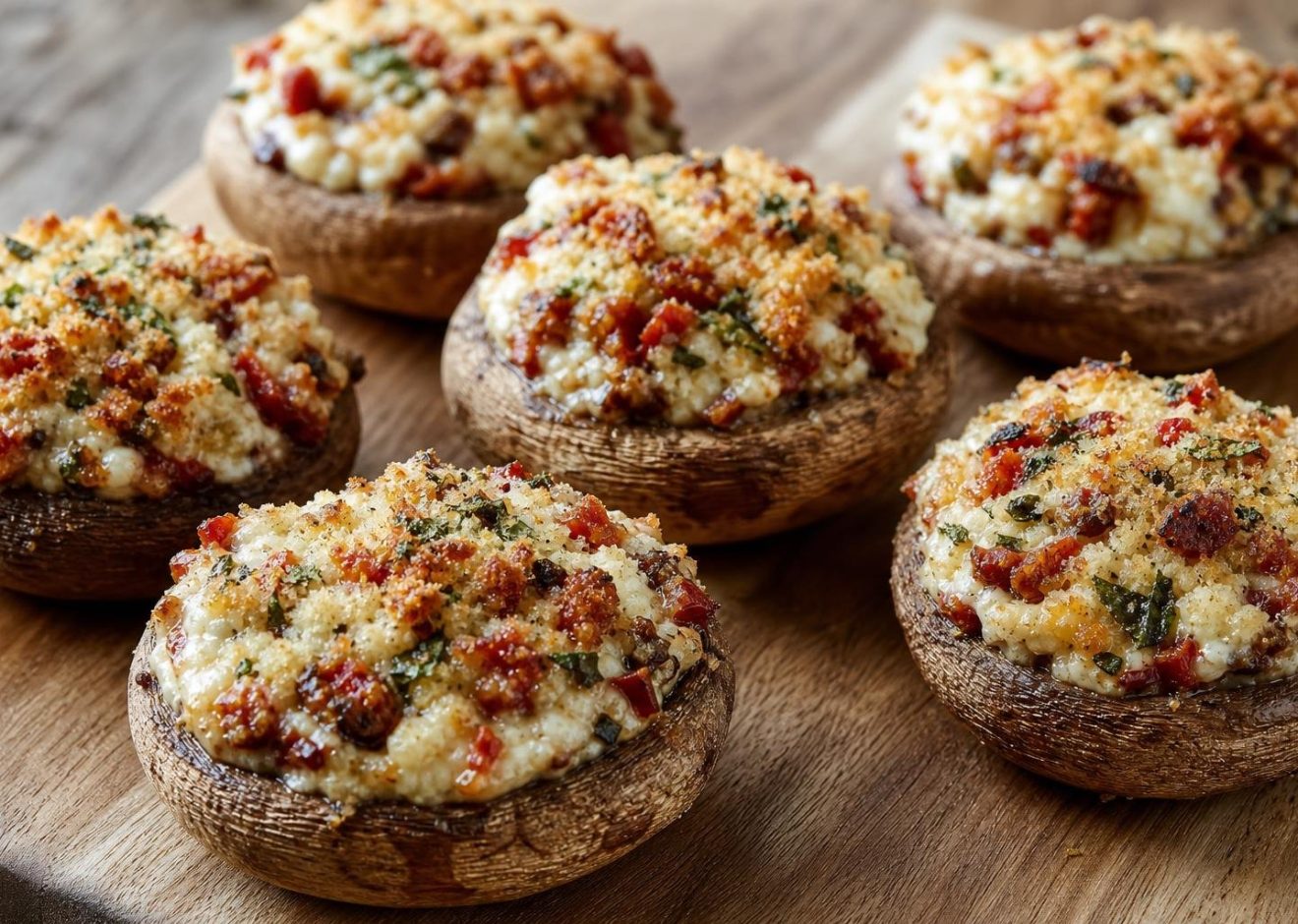 Baked stuffed mushroom caps filled with goat cheese and sun-dried tomatoes with a golden top on a wooden board.