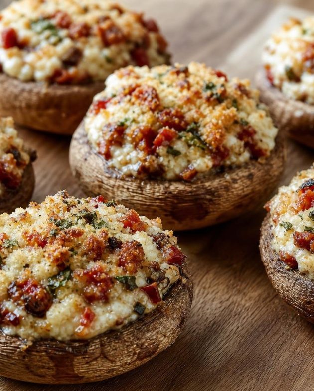 Baked stuffed mushroom caps filled with goat cheese and sun-dried tomatoes with a golden top on a wooden board.