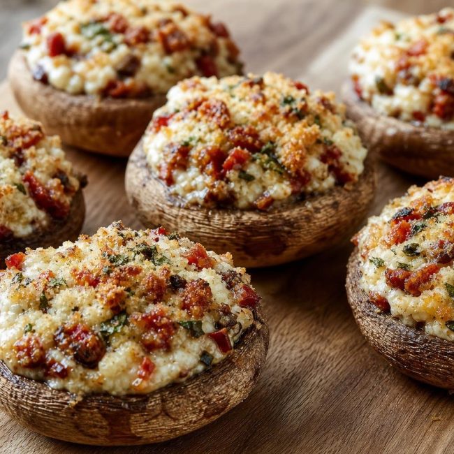 Baked stuffed mushroom caps filled with goat cheese and sun-dried tomatoes with a golden top on a wooden board.