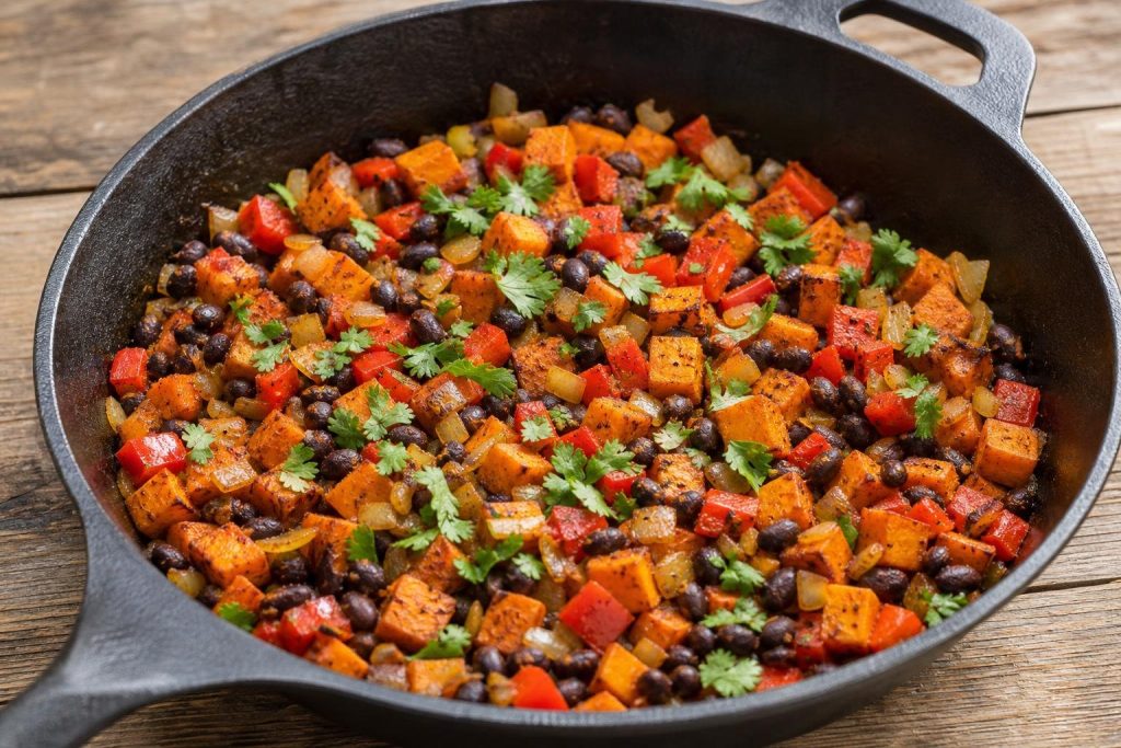 Savory sweet potato and black bean breakfast hash skillet garnished with fresh cilantro