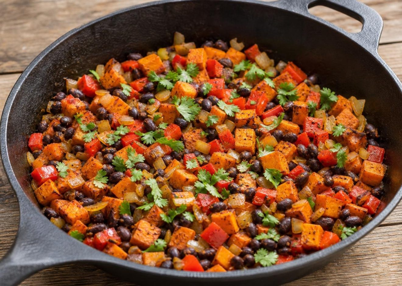 Savory sweet potato and black bean breakfast hash skillet garnished with fresh cilantro