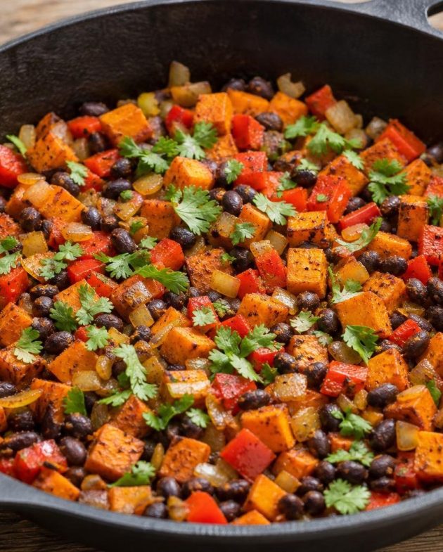 Savory sweet potato and black bean breakfast hash skillet garnished with fresh cilantro