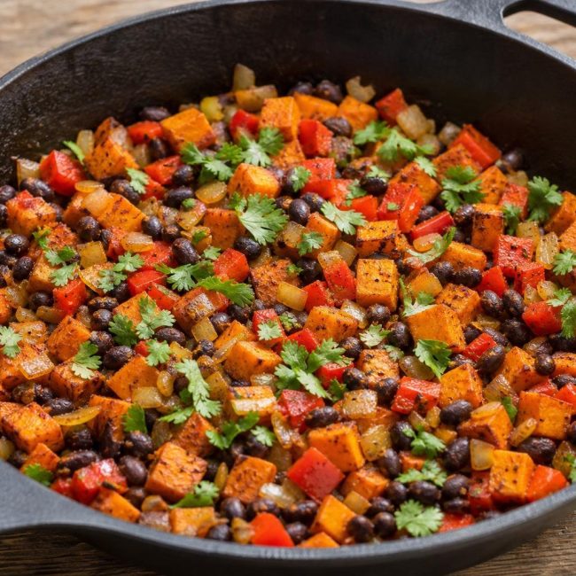 Savory sweet potato and black bean breakfast hash skillet garnished with fresh cilantro