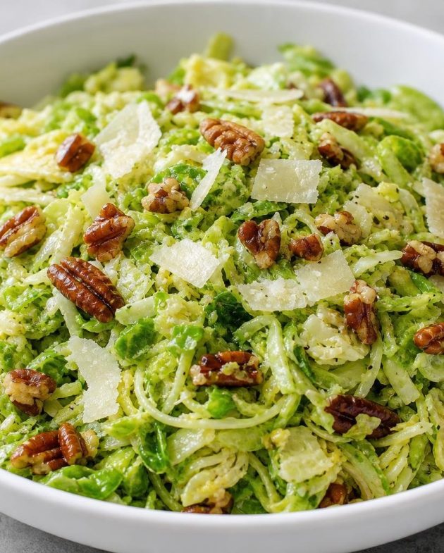Shaved Brussels sprouts salad topped with toasted pecans and Parmesan cheese in a white bowl