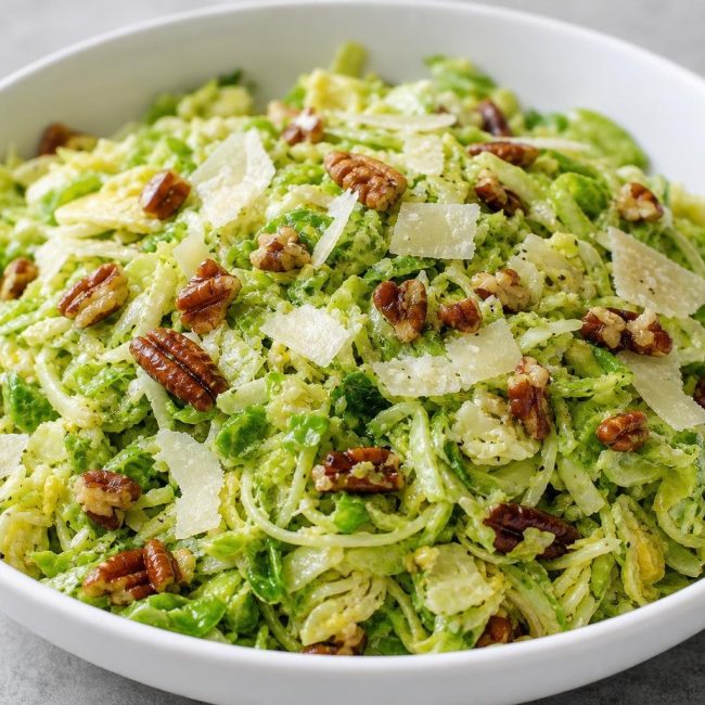 Shaved Brussels sprouts salad topped with toasted pecans and Parmesan cheese in a white bowl