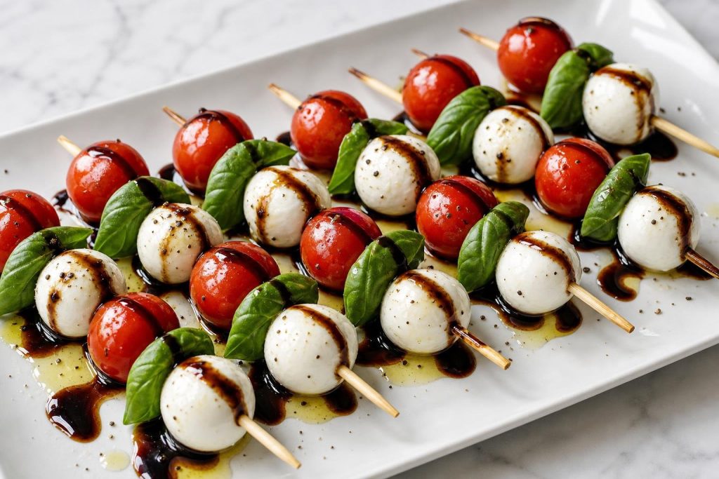 Mini Caprese Skewers with cherry tomatoes, basil leaves, mozzarella balls, and balsamic glaze drizzle on a white platter