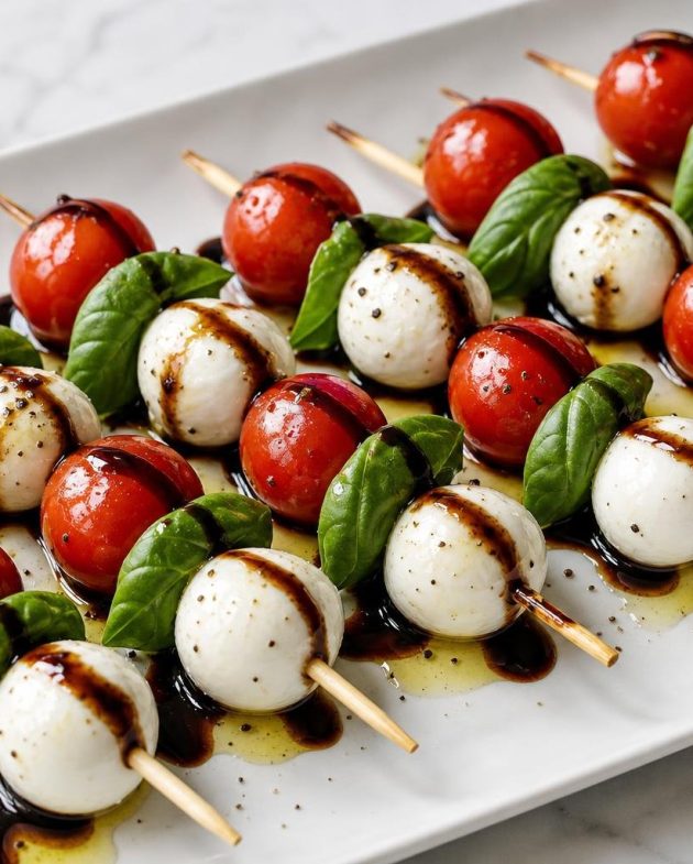 Mini Caprese Skewers with cherry tomatoes, basil leaves, mozzarella balls, and balsamic glaze drizzle on a white platter