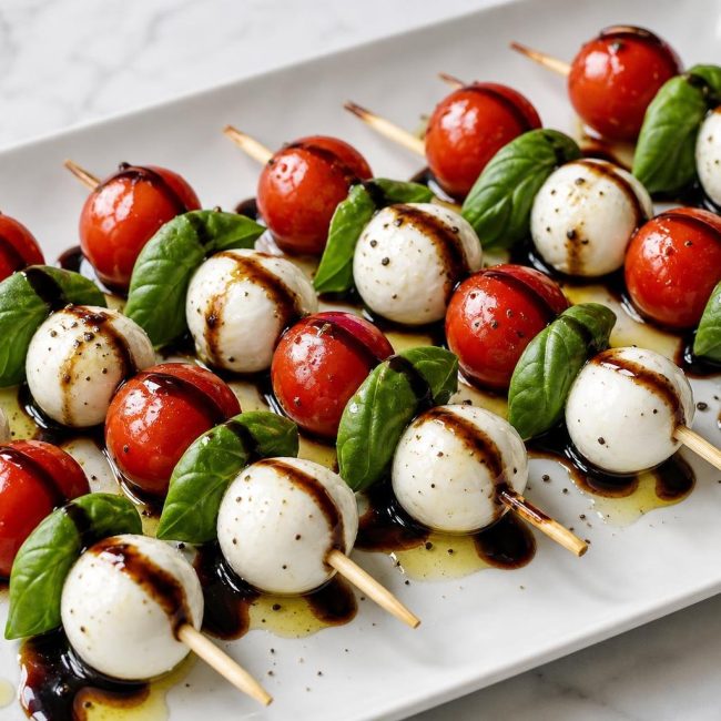 Mini Caprese Skewers with cherry tomatoes, basil leaves, mozzarella balls, and balsamic glaze drizzle on a white platter