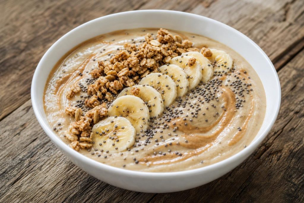 Banana and peanut butter smoothie bowl topped with granola and banana slices in a white bowl