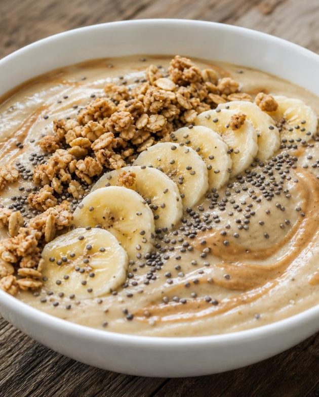 Banana and peanut butter smoothie bowl topped with granola and banana slices in a white bowl
