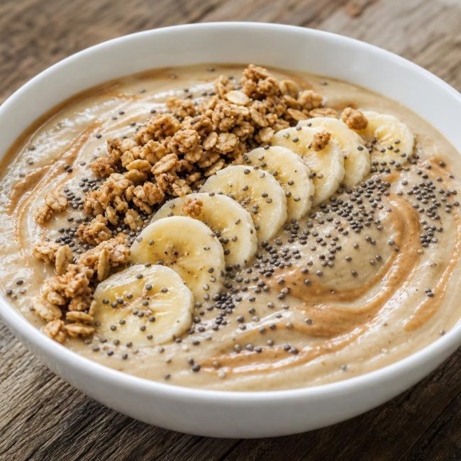 Banana and peanut butter smoothie bowl topped with granola and banana slices in a white bowl
