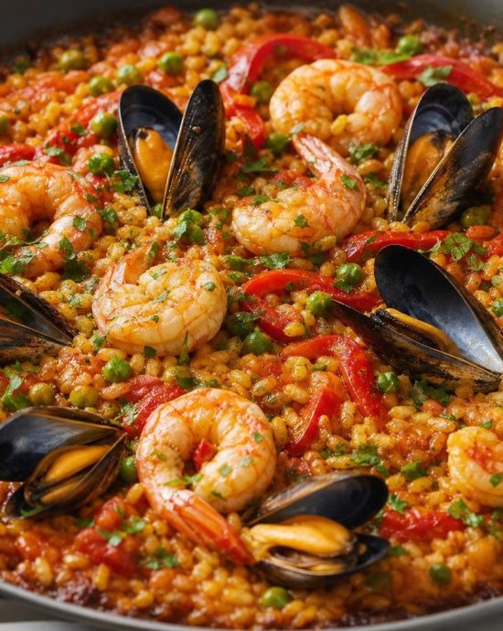 Spanish seafood paella with saffron-infused rice, shrimp, mussels, red peppers and peas in a paella pan