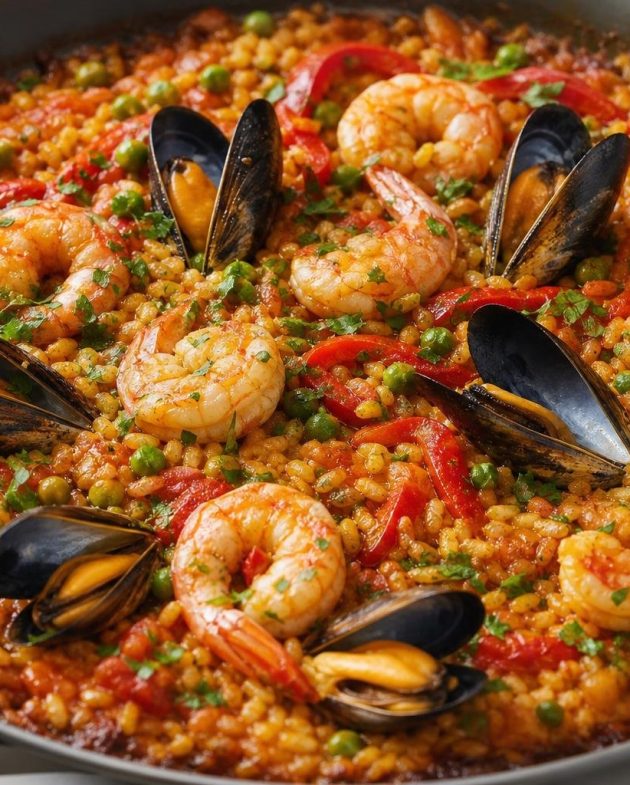 Spanish seafood paella with saffron-infused rice, shrimp, mussels, red peppers and peas in a paella pan