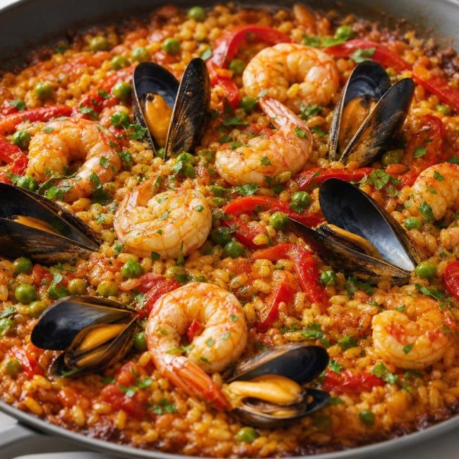 Spanish seafood paella with saffron-infused rice, shrimp, mussels, red peppers and peas in a paella pan