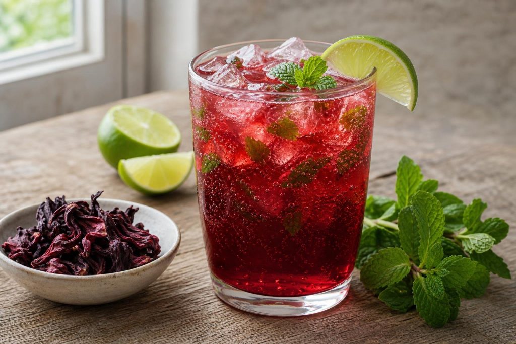 Glass of sparkling hibiscus iced tea with lime wedge and mint garnish over ice