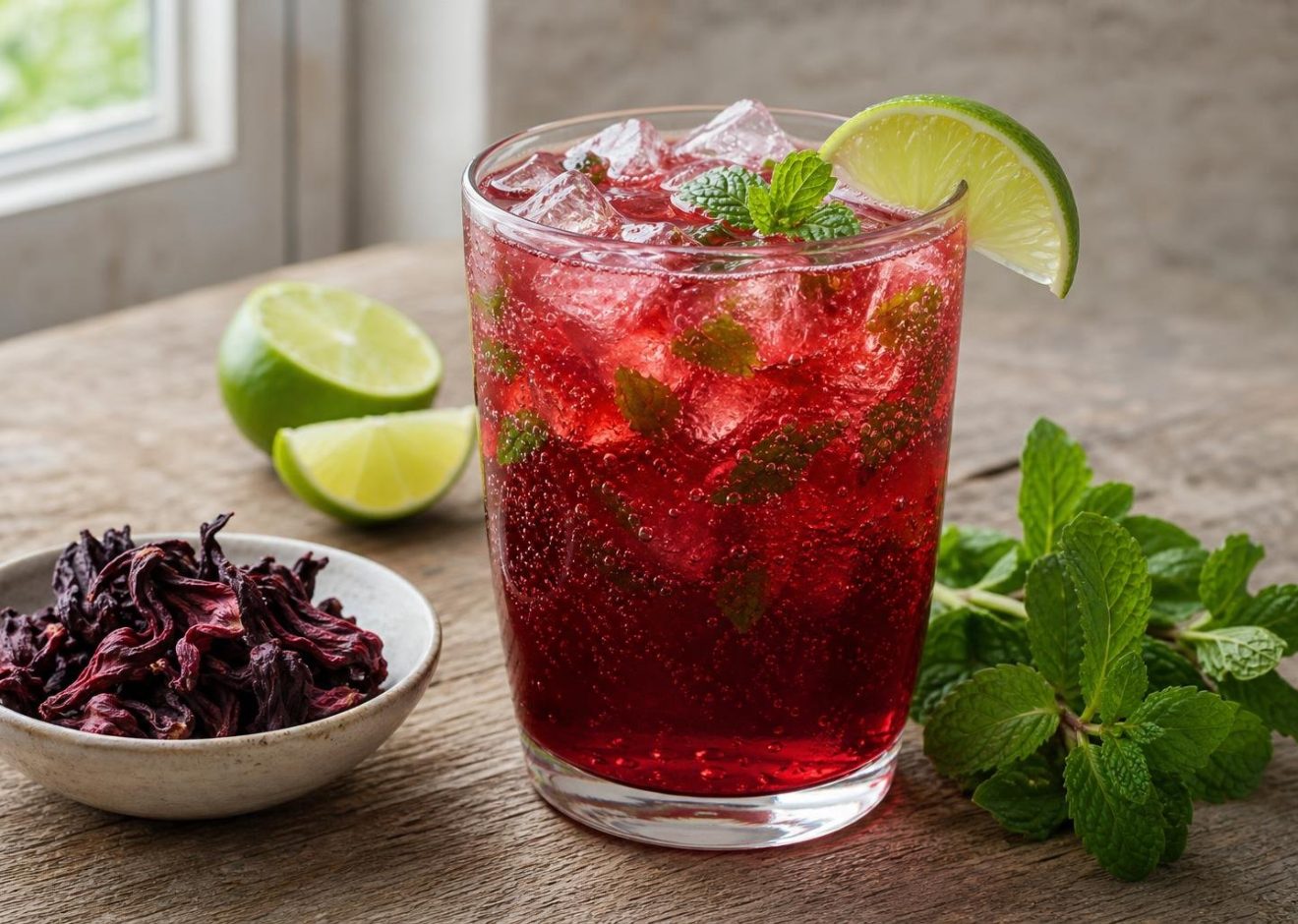 Glass of sparkling hibiscus iced tea with lime wedge and mint garnish over ice