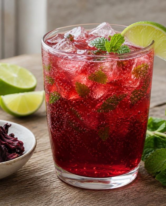 Glass of sparkling hibiscus iced tea with lime wedge and mint garnish over ice