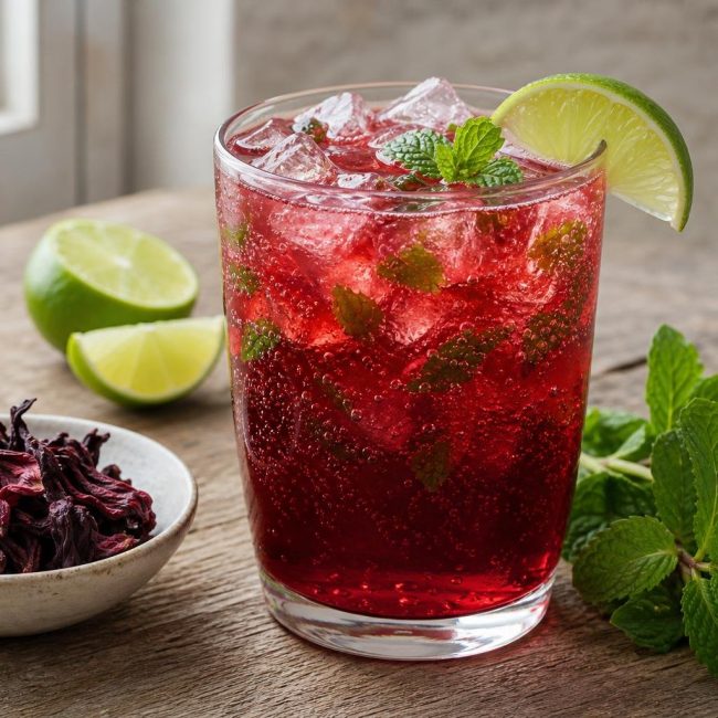 Glass of sparkling hibiscus iced tea with lime wedge and mint garnish over ice