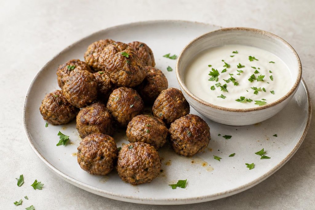 Baked Middle Eastern spiced meatballs served with yogurt tahini sauce garnished with parsley