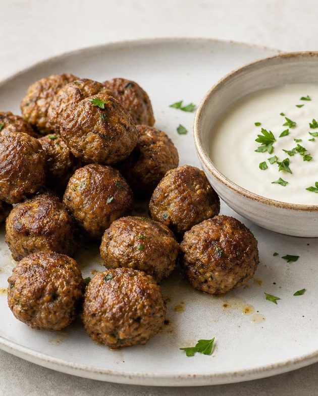 Baked Middle Eastern spiced meatballs served with yogurt tahini sauce garnished with parsley