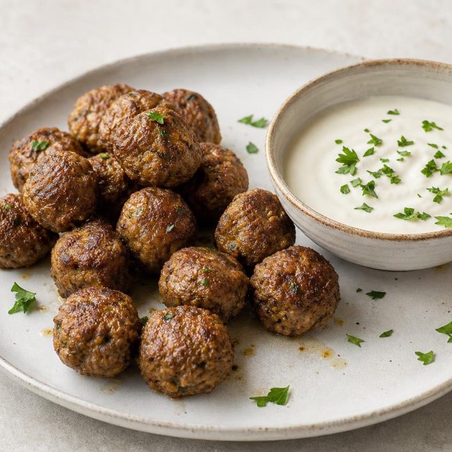 Baked Middle Eastern spiced meatballs served with yogurt tahini sauce garnished with parsley