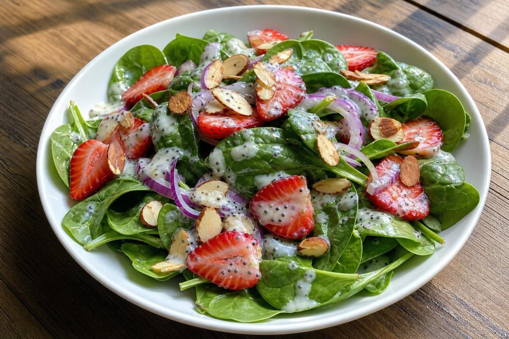 Bowl of spinach and strawberry salad with sliced almonds and poppy seed dressing