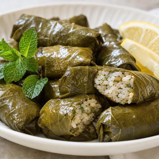 Plate of Greek dolmades stuffed grape leaves garnished with fresh mint and lemon wedges