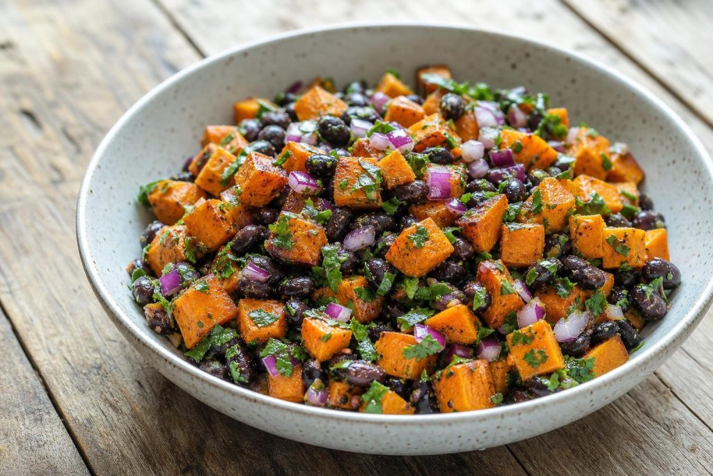 Sweet potato and black bean salad with cilantro-lime dressing served in a white bowl, garnished with cilantro leaves.