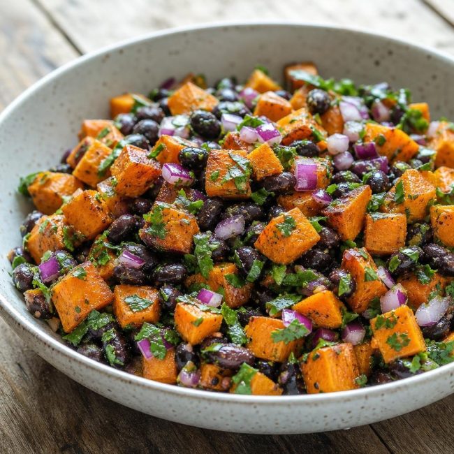 Sweet potato and black bean salad with cilantro-lime dressing served in a white bowl, garnished with cilantro leaves.