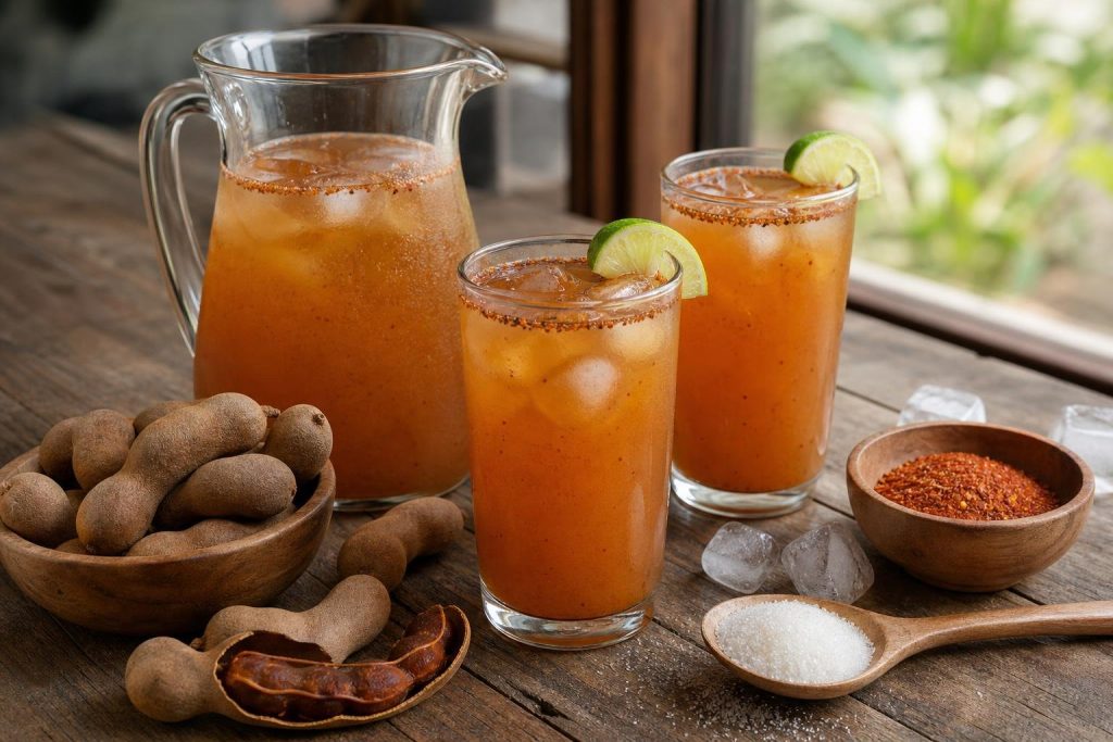 Glass pitcher and glasses of tamarind agua de chileria with ice cubes and lime garnish on a wooden table