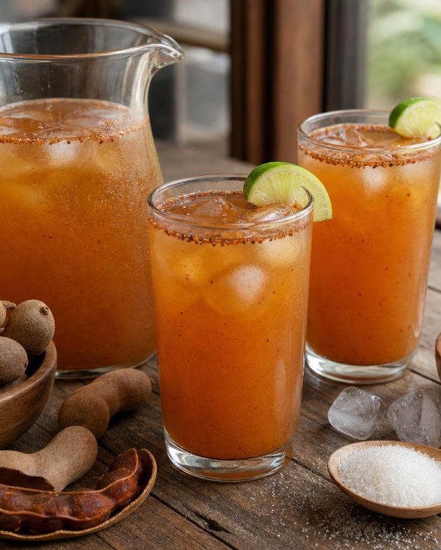 Glass pitcher and glasses of tamarind agua de chileria with ice cubes and lime garnish on a wooden table