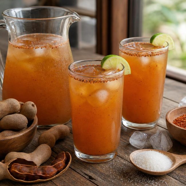 Glass pitcher and glasses of tamarind agua de chileria with ice cubes and lime garnish on a wooden table