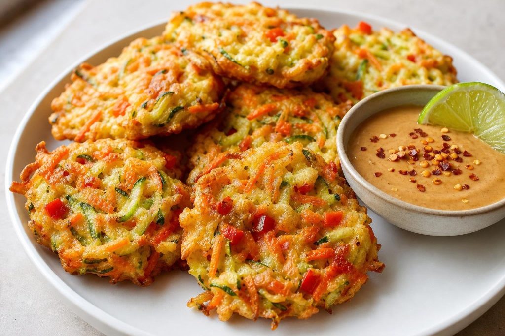 Golden tempura vegetable fritters with a small bowl of spicy peanut dipping sauce on a white plate.