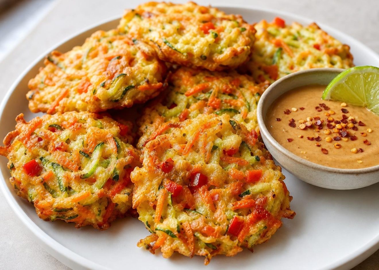 Golden tempura vegetable fritters with a small bowl of spicy peanut dipping sauce on a white plate.