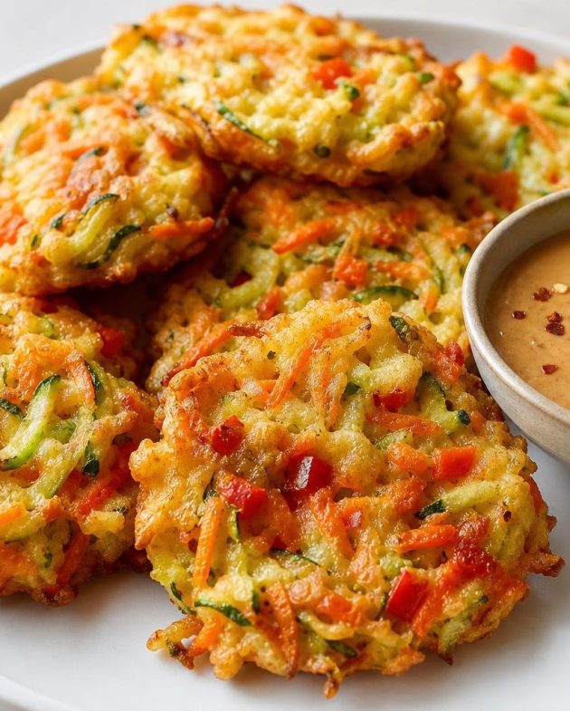 Golden tempura vegetable fritters with a small bowl of spicy peanut dipping sauce on a white plate.