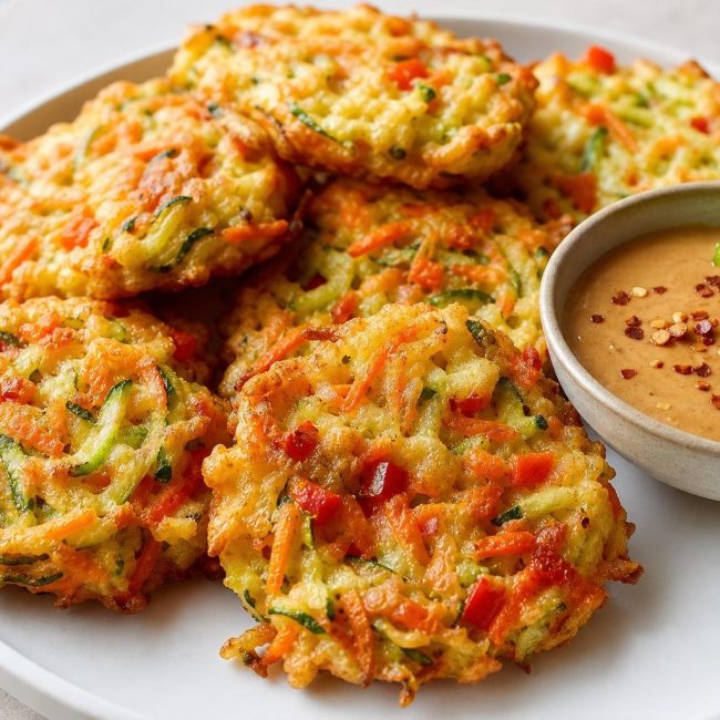 Golden tempura vegetable fritters with a small bowl of spicy peanut dipping sauce on a white plate.