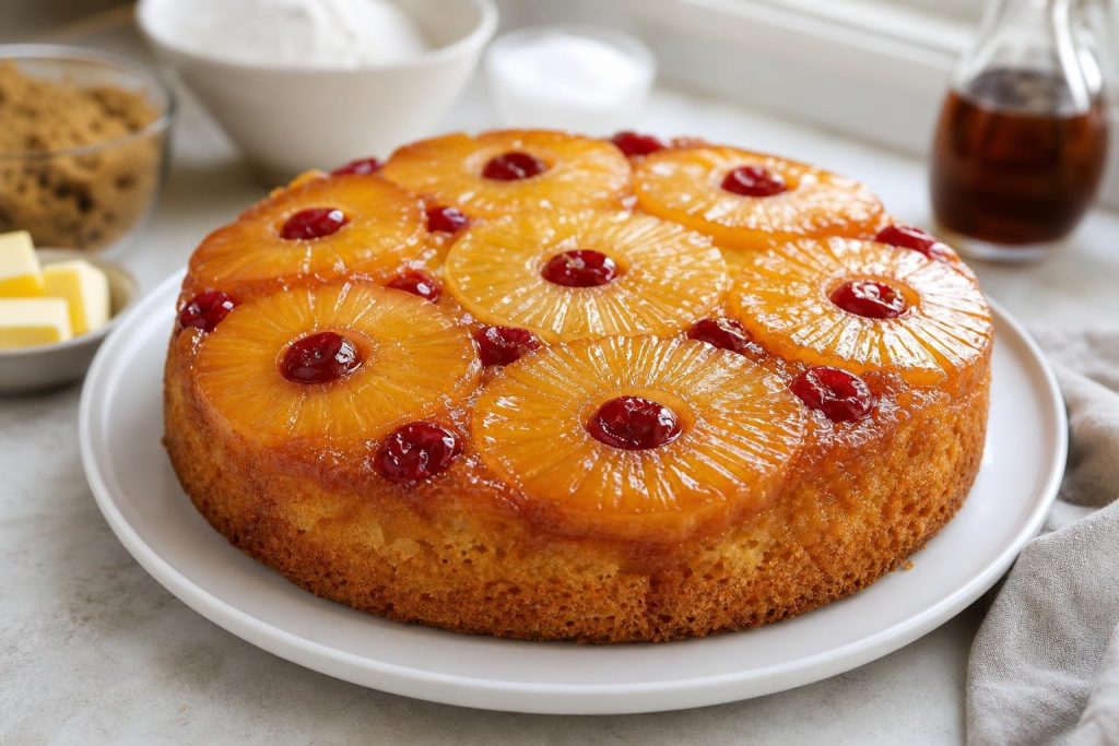 Caribbean Rum-Infused Pineapple Upside Down Cake with caramelized pineapple rings on top