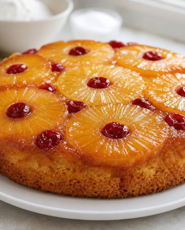 Caribbean Rum-Infused Pineapple Upside Down Cake with caramelized pineapple rings on top